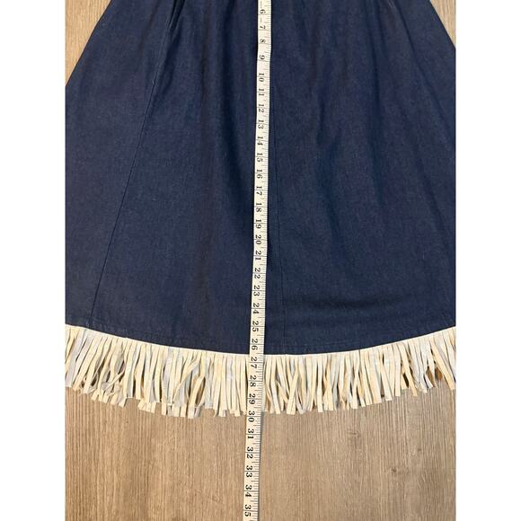 Vintage Western Dark Jean Midi Skirt Fringe Cowgirl Rockabilly M/L 1950's Pin-up - Picture 7 of 9